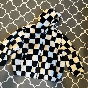 H&M faux fur checkered zip up hooded jacket.